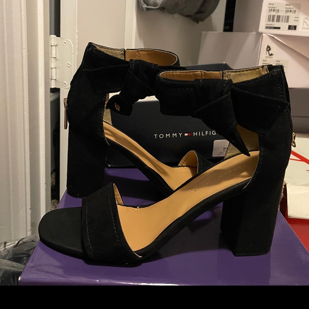 Block heel black suede